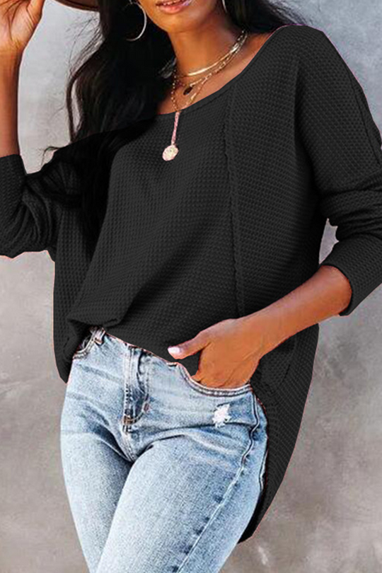 Heidi-Mode | Lässig Einfarbig Spaltet Gelenk Schnalle O-Neck Tops
