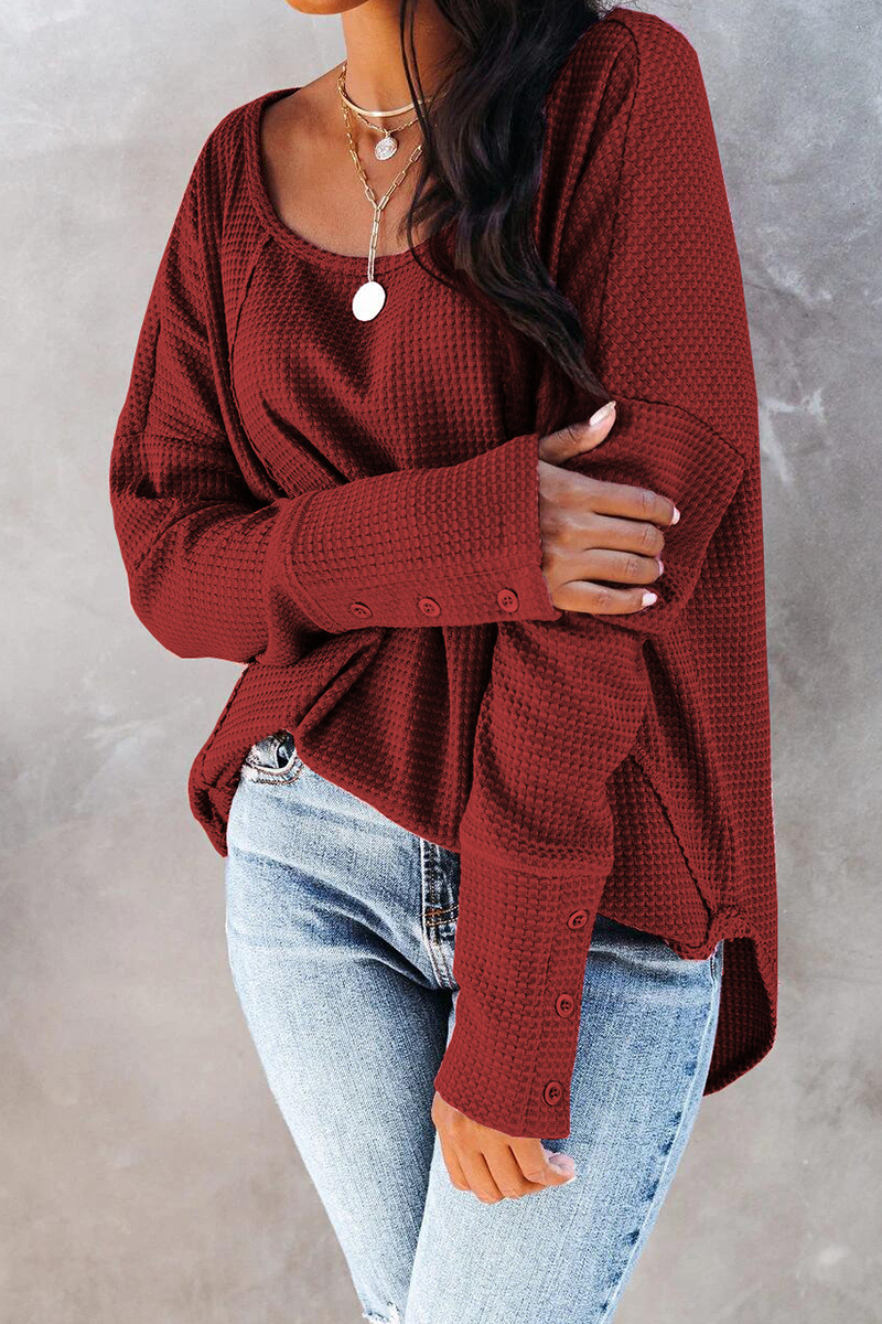 Heidi-Mode | Lässig Einfarbig Spaltet Gelenk Schnalle O-Neck Tops