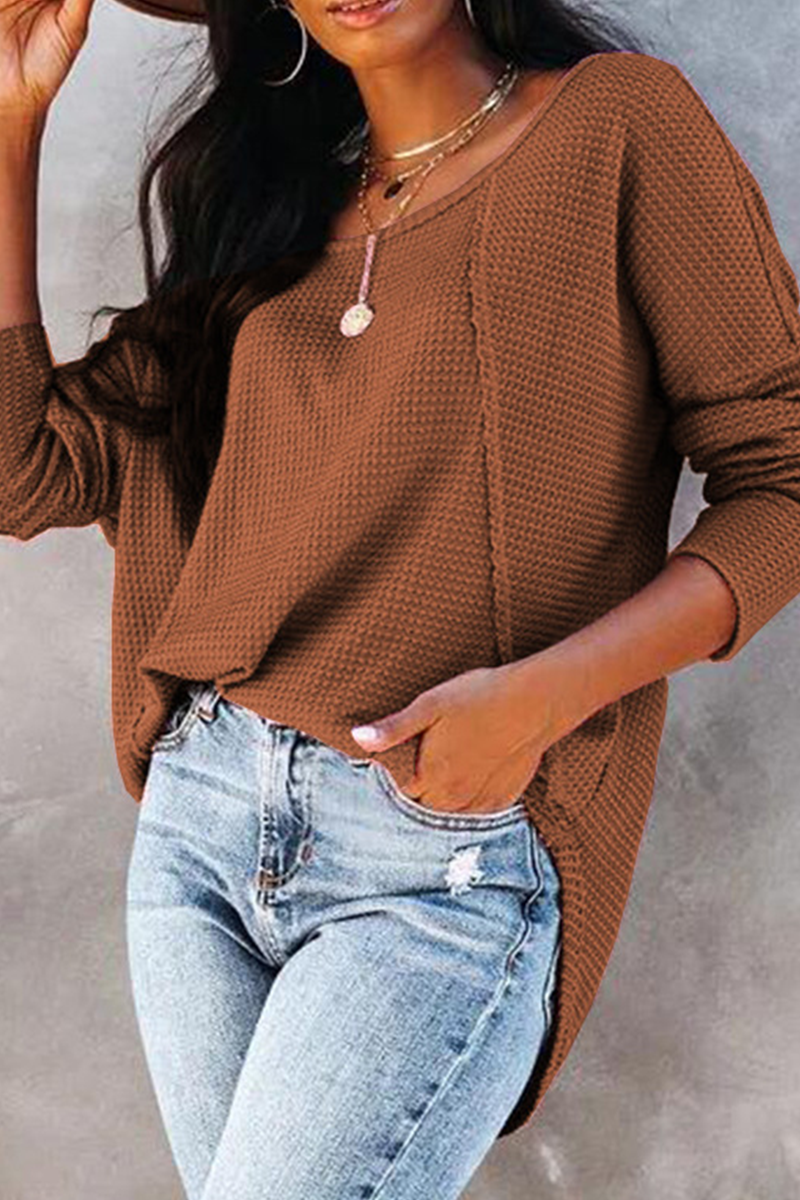 Heidi-Mode | Lässig Einfarbig Spaltet Gelenk Schnalle O-Neck Tops
