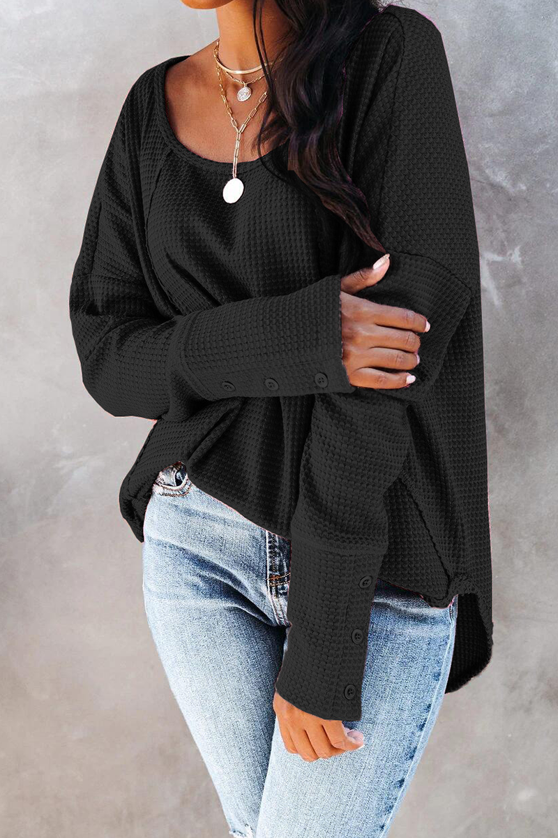 Heidi-Mode | Lässig Einfarbig Spaltet Gelenk Schnalle O-Neck Tops