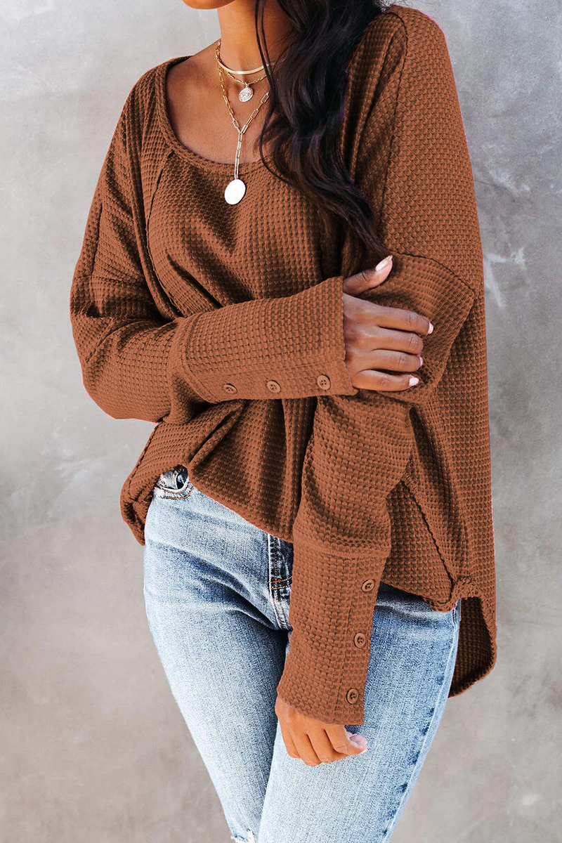 Heidi-Mode | Lässig Einfarbig Spaltet Gelenk Schnalle O-Neck Tops