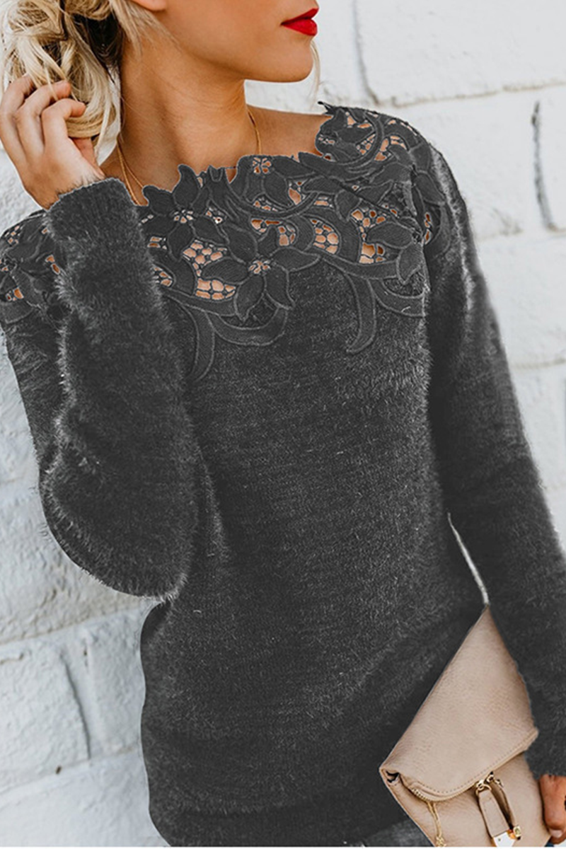 lässiger Spitzen-Ausschnitt langärmeliger Pullover