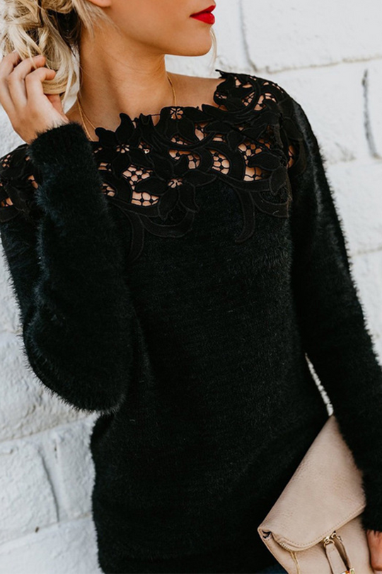 lässiger Spitzen-Ausschnitt langärmeliger Pullover