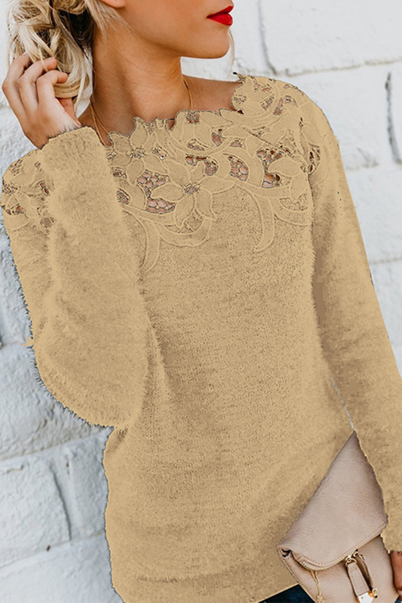 lässiger Spitzen-Ausschnitt langärmeliger Pullover
