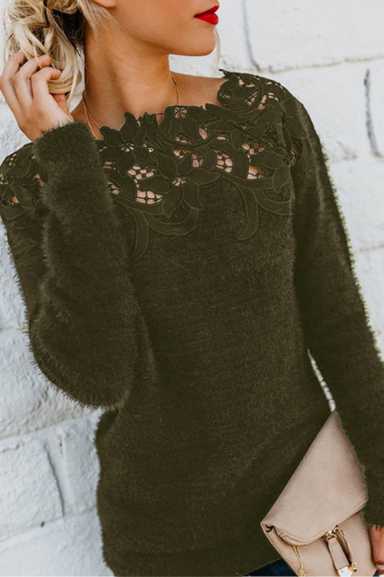 lässiger Spitzen-Ausschnitt langärmeliger Pullover