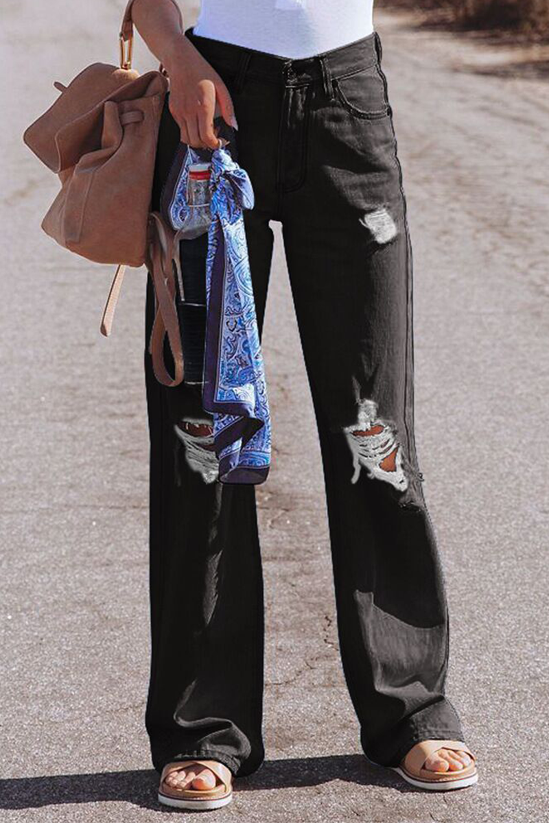 Heidi-Mode | Street Solid Ripped Make Old Straight Mid Taille Weit Bein Einfarbige Hosen - 3 Farben