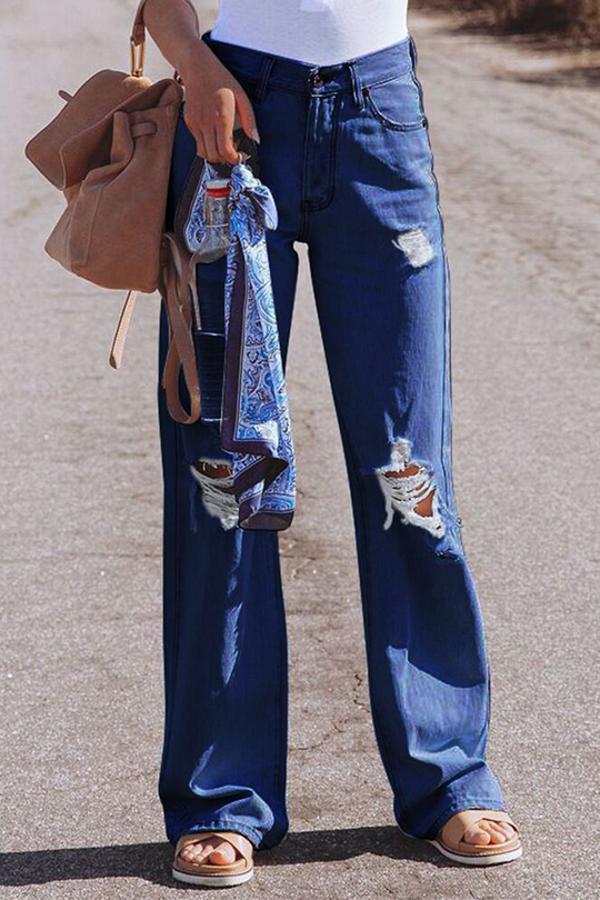 Heidi-Mode | Street Solid Ripped Make Old Straight Mid Taille Weit Bein Einfarbige Hosen - 3 Farben