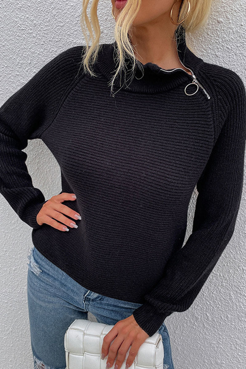 Heidi-Mode | Damen Strickpullover Mit Reißverschluss Und Stehkragen In Uni-Farben