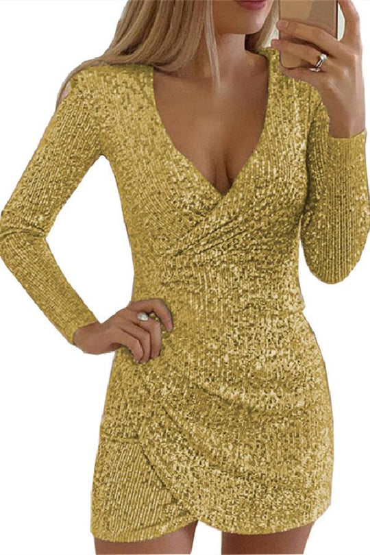 Mode Pailletten V-Ausschnitt asymmetrisches Kleid