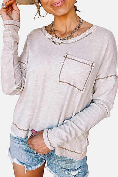 Heidi-Mode | Casual Patchwork Tasche O-Hals Tops