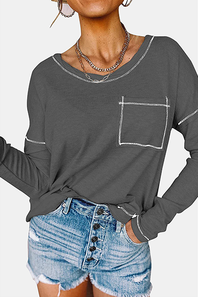 Heidi-Mode | Casual Patchwork Tasche O-Hals Tops