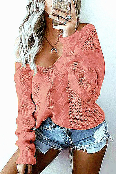 Heidi-Mode | Lässige Einfarbige Ausgeschnittene Patchwork V-Ausschnitt Tops