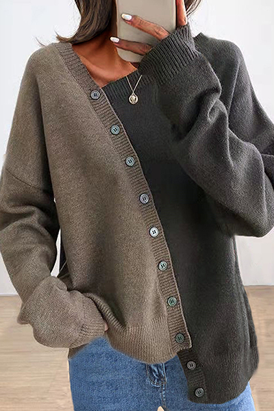 Heidi-Mode | Casual Patchwork Schnalle Kontrast Schräger Kragen Tops Pullover