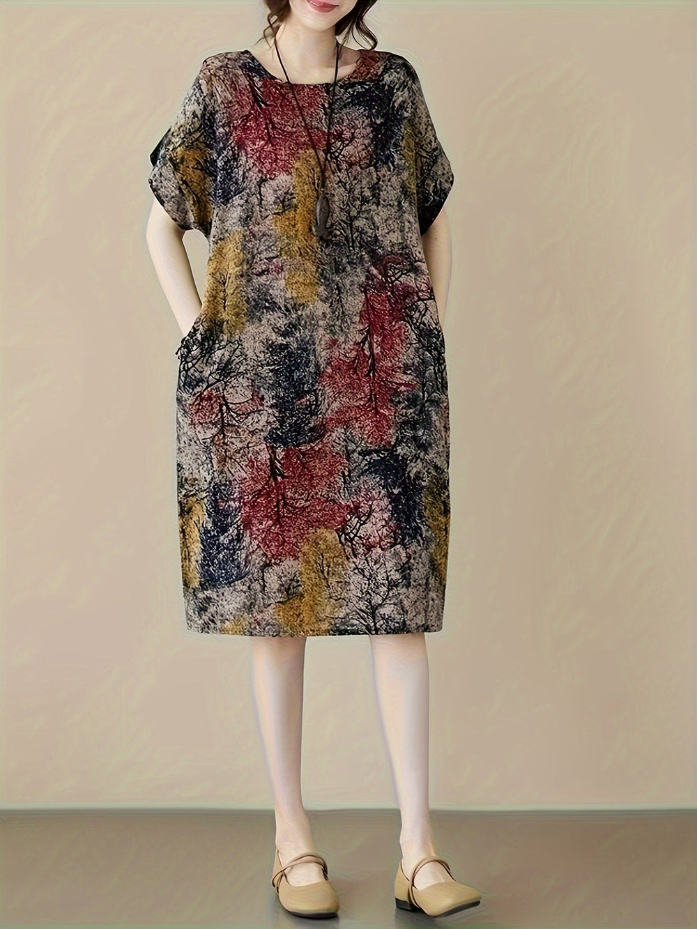 Heidi-Mode | Leinen Kleid Übergröße mit Muster und Tasche