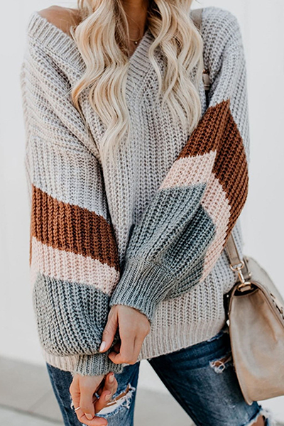 Heidi-Mode | Lässige Gestreifte Patchwork-Kontrast V-Ausschnitt Tops Pullover - 5 Farben