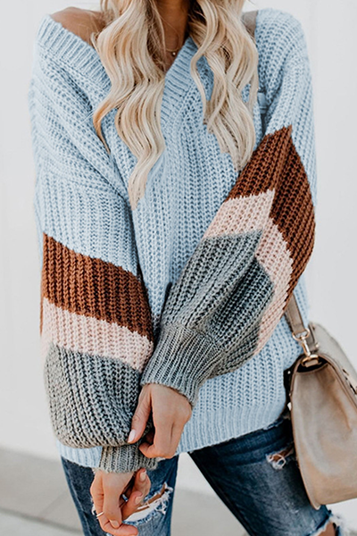 Heidi-Mode | Lässige Gestreifte Patchwork-Kontrast V-Ausschnitt Tops Pullover - 5 Farben