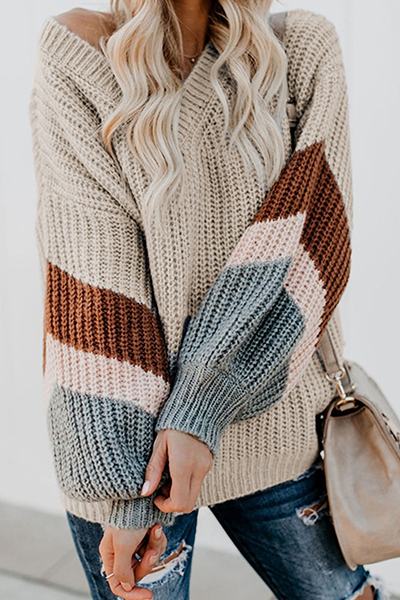 Heidi-Mode | Lässige Gestreifte Patchwork-Kontrast V-Ausschnitt Tops Pullover - 5 Farben