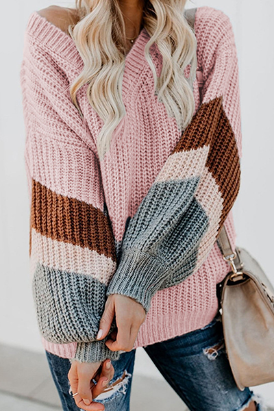 Heidi-Mode | Lässige Gestreifte Patchwork-Kontrast V-Ausschnitt Tops Pullover - 5 Farben