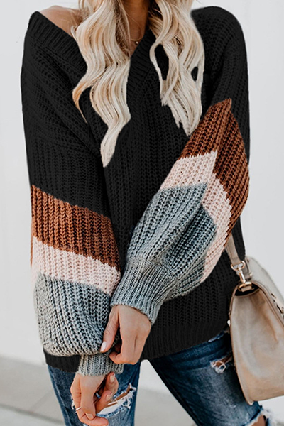 Heidi-Mode | Lässige Gestreifte Patchwork-Kontrast V-Ausschnitt Tops Pullover - 5 Farben