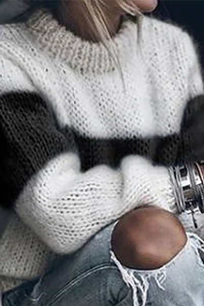 Heidi-Mode | Lässige Gestreifte Patchwork Kontrast O-Ausschnitt Tops
