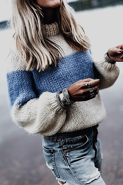 Heidi-Mode | Lässige Gestreifte Patchwork Kontrast O-Ausschnitt Tops