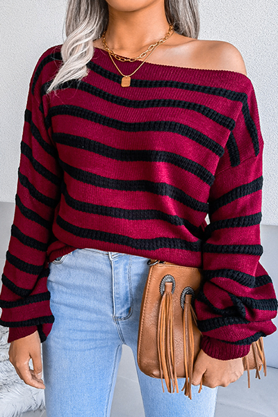 Heidi-Mode | Lässige Gestreifte Patchwork-Kontrast-Off-The-Shoulder-Pullover - 3 Farben