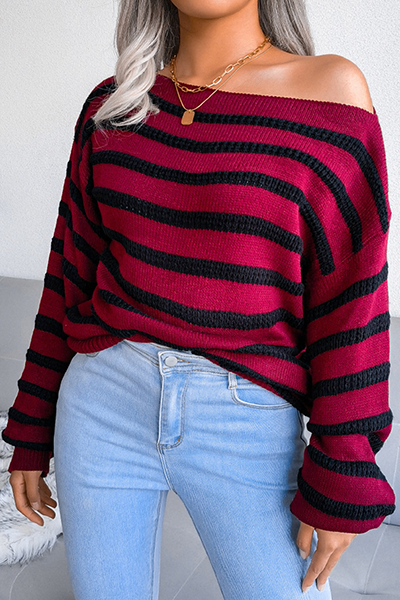 Heidi-Mode | Lässige Gestreifte Patchwork-Kontrast-Off-The-Shoulder-Pullover - 3 Farben