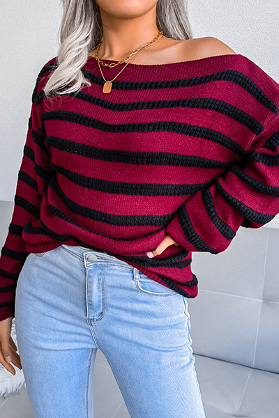 Heidi-Mode | Lässige Gestreifte Patchwork-Kontrast-Off-The-Shoulder-Pullover - 3 Farben