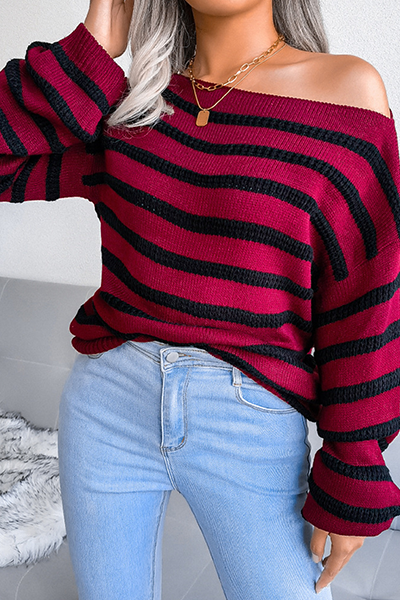 Heidi-Mode | Lässige Gestreifte Patchwork-Kontrast-Off-The-Shoulder-Pullover - 3 Farben