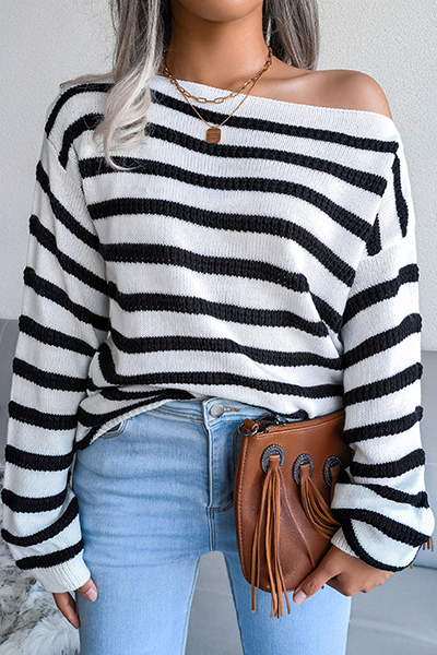Heidi-Mode | Lässige Gestreifte Patchwork-Kontrast-Off-The-Shoulder-Pullover - 3 Farben