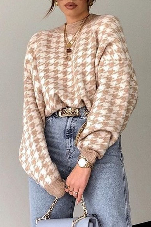 Heidi-Mode | Fashion Street Geometrisches Patchwork Kontrast O-Hals Tops Pullover