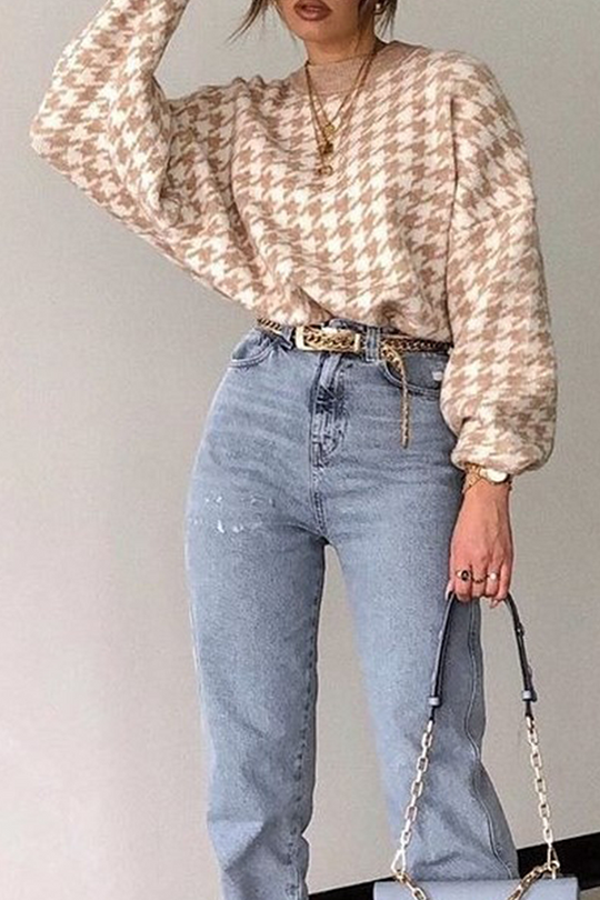 Heidi-Mode | Fashion Street Geometrisches Patchwork Kontrast O-Hals Tops Pullover