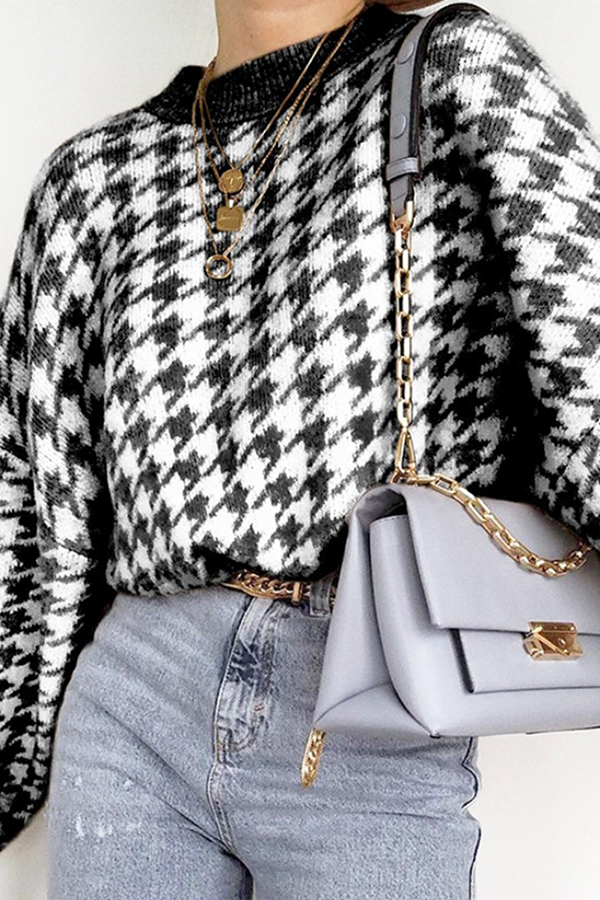 Heidi-Mode | Fashion Street Geometrisches Patchwork Kontrast O-Hals Tops Pullover
