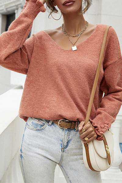 Heidi-Mode | Lässige Einfarbige Knöpfe Schnürselvage V-Ausschnitt Tops Pullover