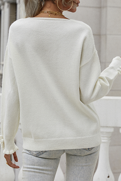Heidi-Mode | Lässige Einfarbige Knöpfe Schnürselvage V-Ausschnitt Tops Pullover