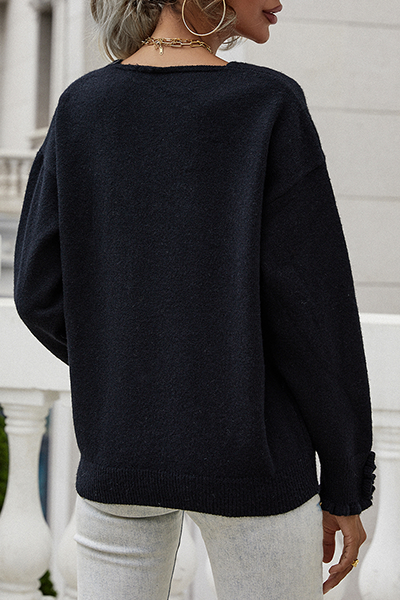 Heidi-Mode | Lässige Einfarbige Knöpfe Schnürselvage V-Ausschnitt Tops Pullover