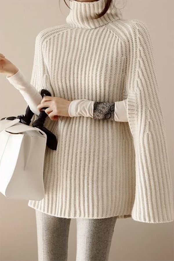 Heidi-Mode | Lässige Street Einfarbige Patchwork Rollkragenoberteile Pullover - Ohne Gürtel- 4 Farben
