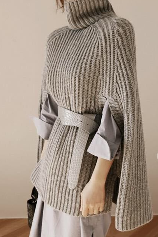 Heidi-Mode | Lässige Street Einfarbige Patchwork Rollkragenoberteile Pullover - Ohne Gürtel- 4 Farben