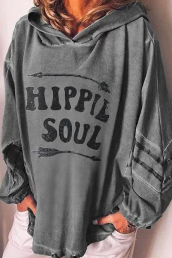 Heidi-Mode | Lässige Buchstaben Split Joint Basic Kapuzenkragen Tops- 4 Farben