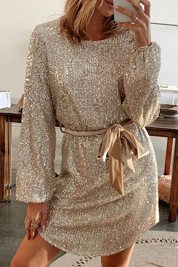 Heidi-Mode | Elegante Uni mit Gürtel Pailletten O-Ausschnitt A-Linie Kleider