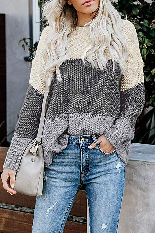 Heidi-Mode | Lässige Patchwork Basic Kontrast O-Hals Tops Pullover