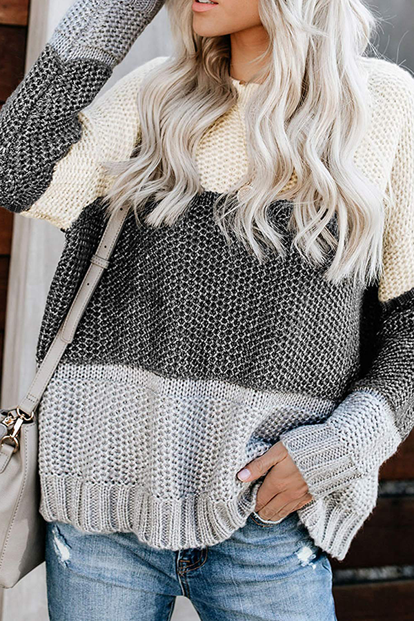 Heidi-Mode | Lässige Patchwork Basic Kontrast O-Hals Tops Pullover