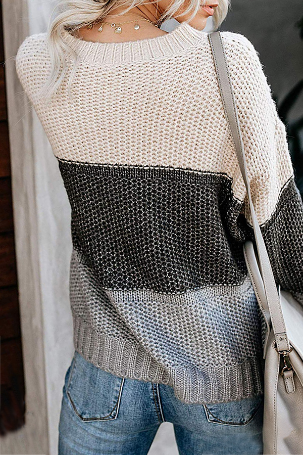 Heidi-Mode | Lässige Patchwork Basic Kontrast O-Hals Tops Pullover