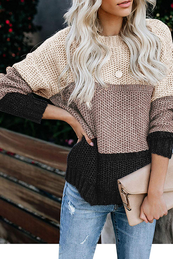 Heidi-Mode | Lässige Patchwork Basic Kontrast O-Hals Tops Pullover