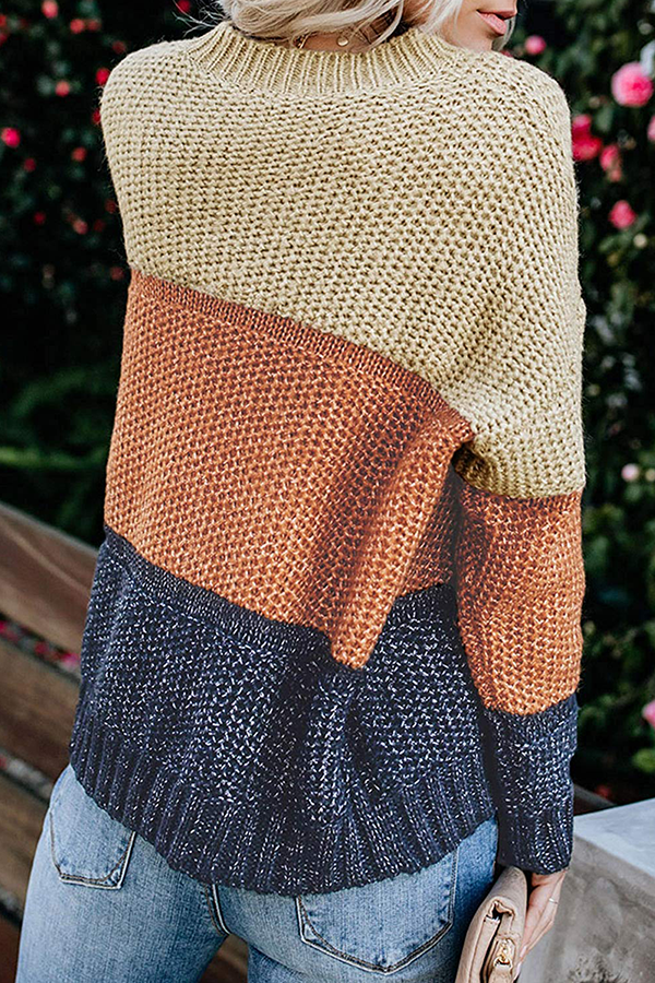 Heidi-Mode | Lässige Patchwork Basic Kontrast O-Hals Tops Pullover