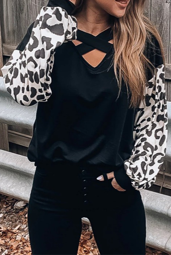 Heidi-Mode | Lässige Leopard Ausgehöhlte Spalt Gemeinsame V-Ausschnitt Tops