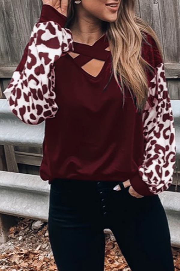 Heidi-Mode | Lässige Leopard Ausgehöhlte Spalt Gemeinsame V-Ausschnitt Tops