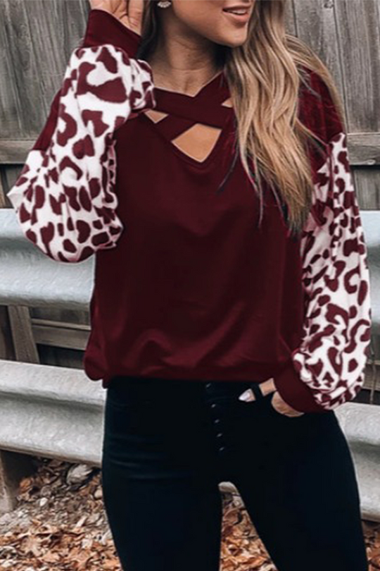 Heidi-Mode | Lässige Leopard Ausgehöhlte Spalt Gemeinsame V-Ausschnitt Tops