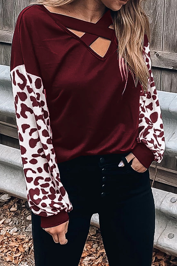 Heidi-Mode | Lässige Leopard Ausgehöhlte Spalt Gemeinsame V-Ausschnitt Tops