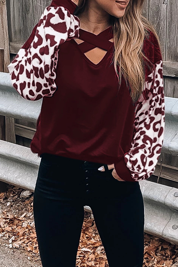 Heidi-Mode | Lässige Leopard Ausgehöhlte Spalt Gemeinsame V-Ausschnitt Tops